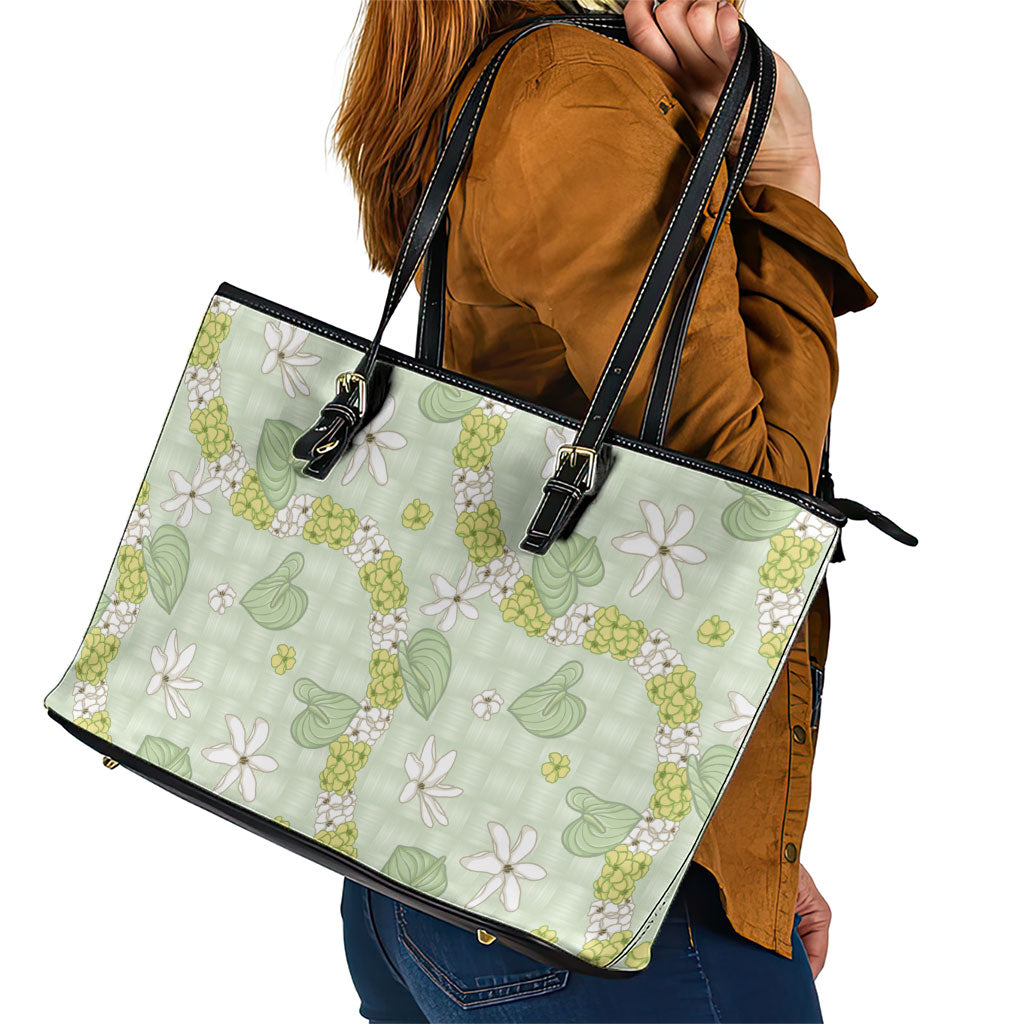 Hawaii Anthurium Tiare Pikake Lei Leather Tote Bag Sage Green Lauhala Art Pattern LT01 - Polynesian Pride