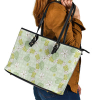 Hawaii Anthurium Tiare Pikake Lei Leather Tote Bag Sage Green Lauhala Art Pattern LT01 - Polynesian Pride