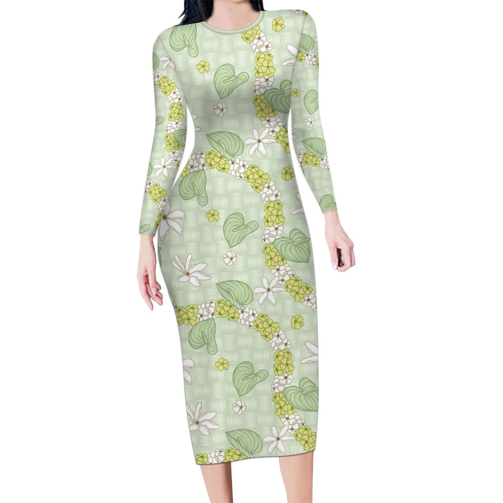 Hawaii Anthurium Tiare Pikake Lei Long Sleeve Bodycon Dress Sage Green Lauhala Art Pattern