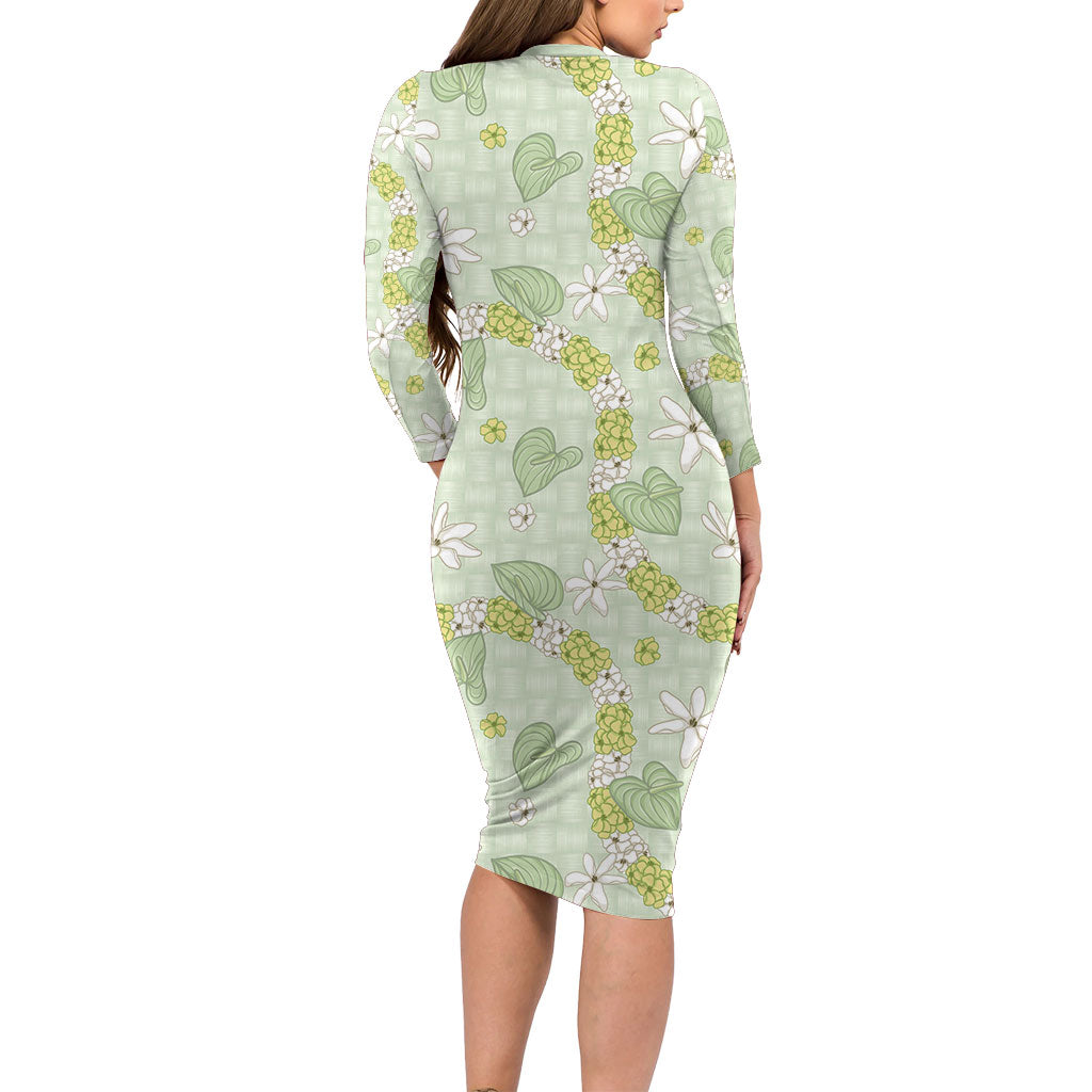 Hawaii Anthurium Tiare Pikake Lei Long Sleeve Bodycon Dress Sage Green Lauhala Art Pattern LT01 - Polynesian Pride