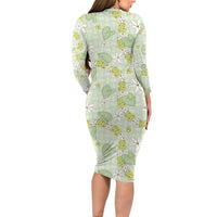 Hawaii Anthurium Tiare Pikake Lei Long Sleeve Bodycon Dress Sage Green Lauhala Art Pattern LT01 - Polynesian Pride