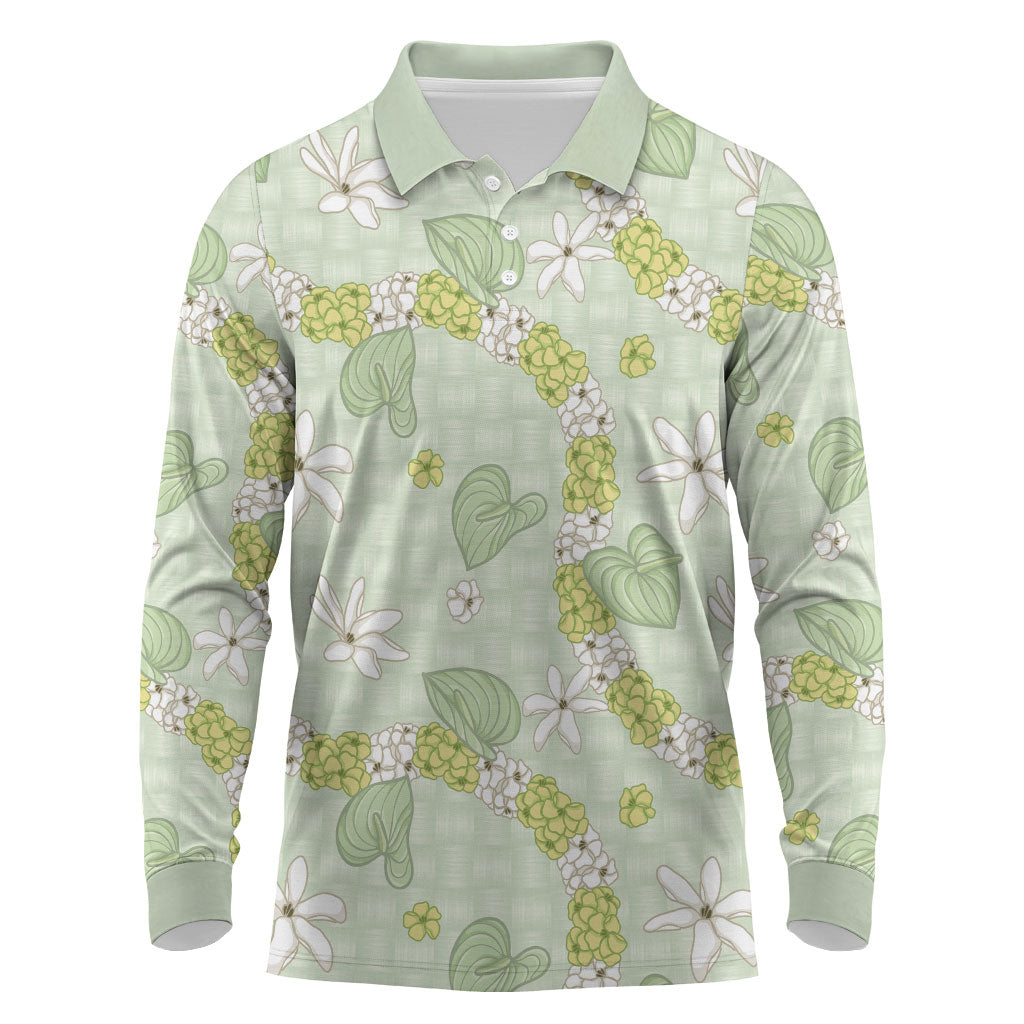 Hawaii Anthurium Tiare Pikake Lei Long Sleeve Polo Shirt Sage Green Lauhala Art Pattern LT01 Green - Polynesian Pride