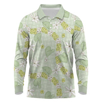 Hawaii Anthurium Tiare Pikake Lei Long Sleeve Polo Shirt Sage Green Lauhala Art Pattern LT01 Green - Polynesian Pride