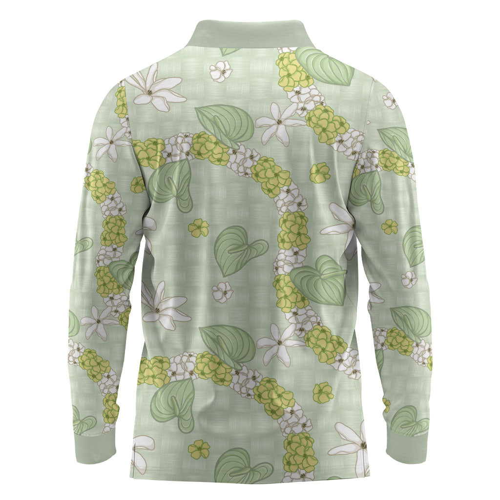 Hawaii Anthurium Tiare Pikake Lei Long Sleeve Polo Shirt Sage Green Lauhala Art Pattern LT01 - Polynesian Pride