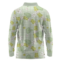 Hawaii Anthurium Tiare Pikake Lei Long Sleeve Polo Shirt Sage Green Lauhala Art Pattern LT01 - Polynesian Pride