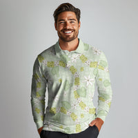 Hawaii Anthurium Tiare Pikake Lei Long Sleeve Polo Shirt Sage Green Lauhala Art Pattern LT01 - Polynesian Pride