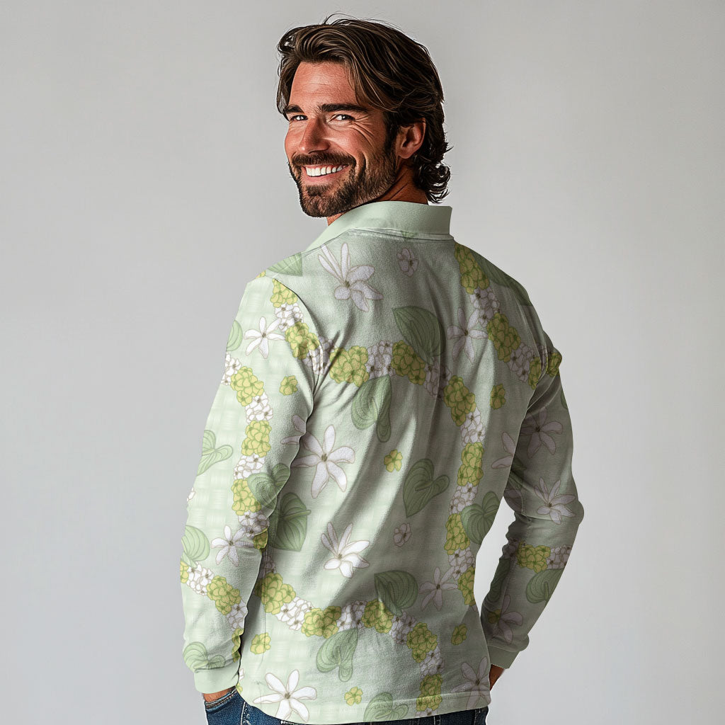 Hawaii Anthurium Tiare Pikake Lei Long Sleeve Polo Shirt Sage Green Lauhala Art Pattern LT01 - Polynesian Pride