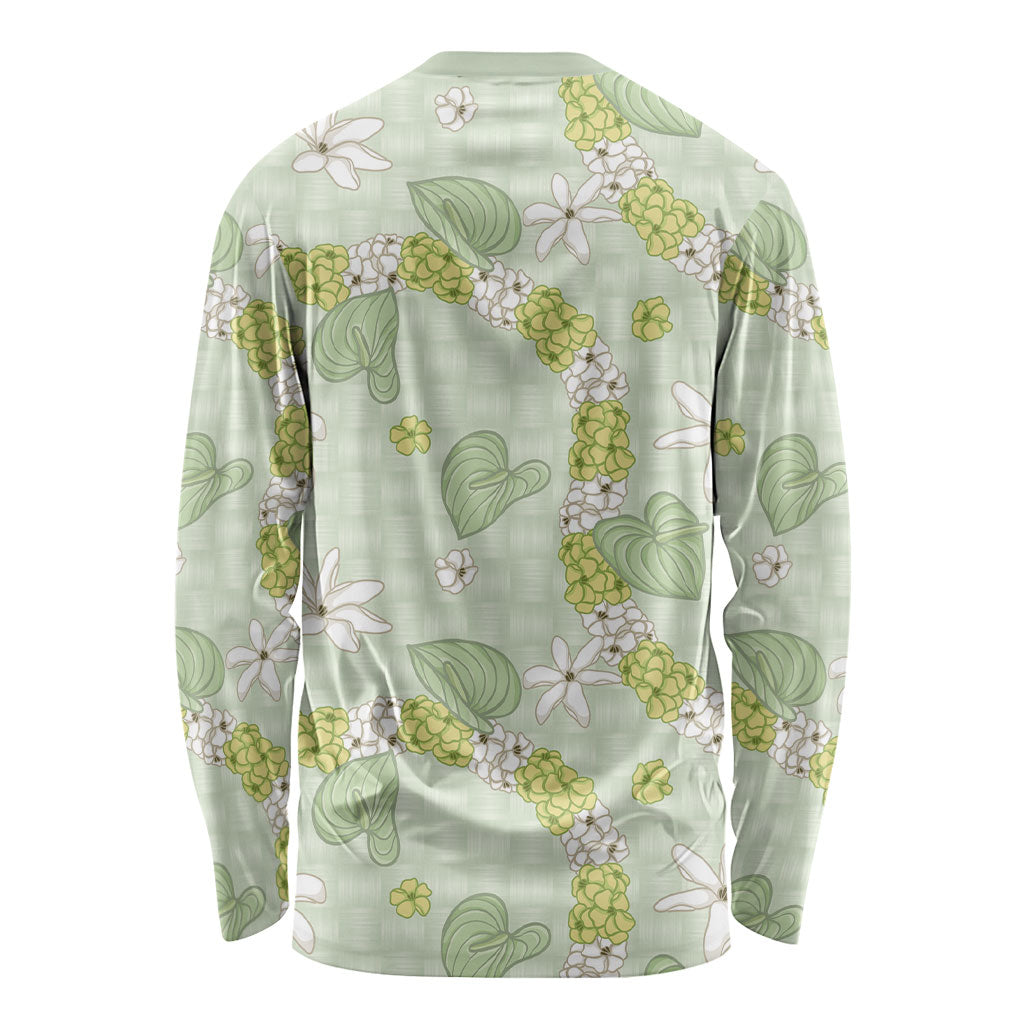 Hawaii Anthurium Tiare Pikake Lei Long Sleeve Shirt Sage Green Lauhala Art Pattern LT01 - Polynesian Pride