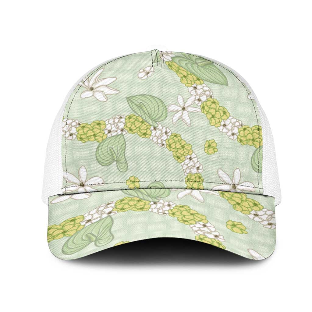 Hawaii Anthurium Tiare Pikake Lei Mesh Trucker Cap Sage Green Lauhala Art Pattern LT01 One Size White Green - Polynesian Pride