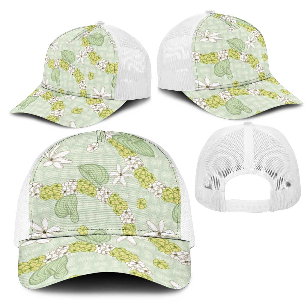 Hawaii Anthurium Tiare Pikake Lei Mesh Trucker Cap Sage Green Lauhala Art Pattern LT01 - Polynesian Pride