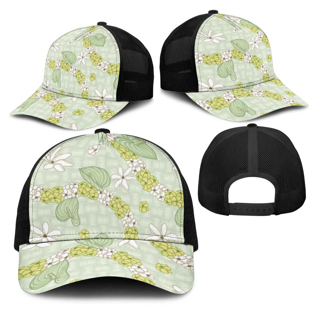 Hawaii Anthurium Tiare Pikake Lei Mesh Trucker Cap Sage Green Lauhala Art Pattern LT01 - Polynesian Pride