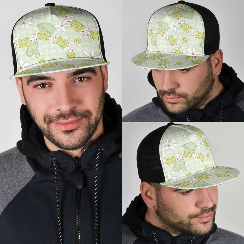 Hawaii Anthurium Tiare Pikake Lei Mesh Trucker Cap Sage Green Lauhala Art Pattern LT01 - Polynesian Pride