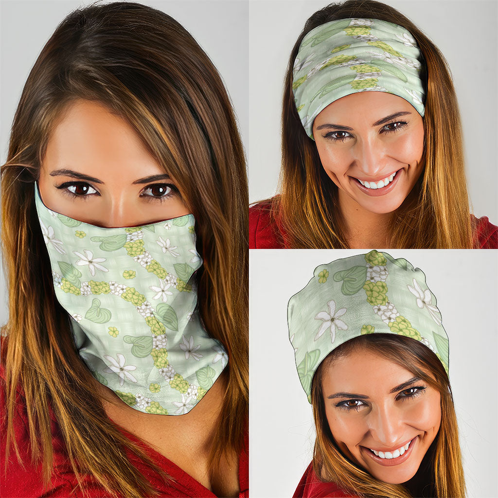 Hawaii Anthurium Tiare Pikake Lei Neck Gaiter Sage Green Lauhala Art Pattern LT01 - Polynesian Pride