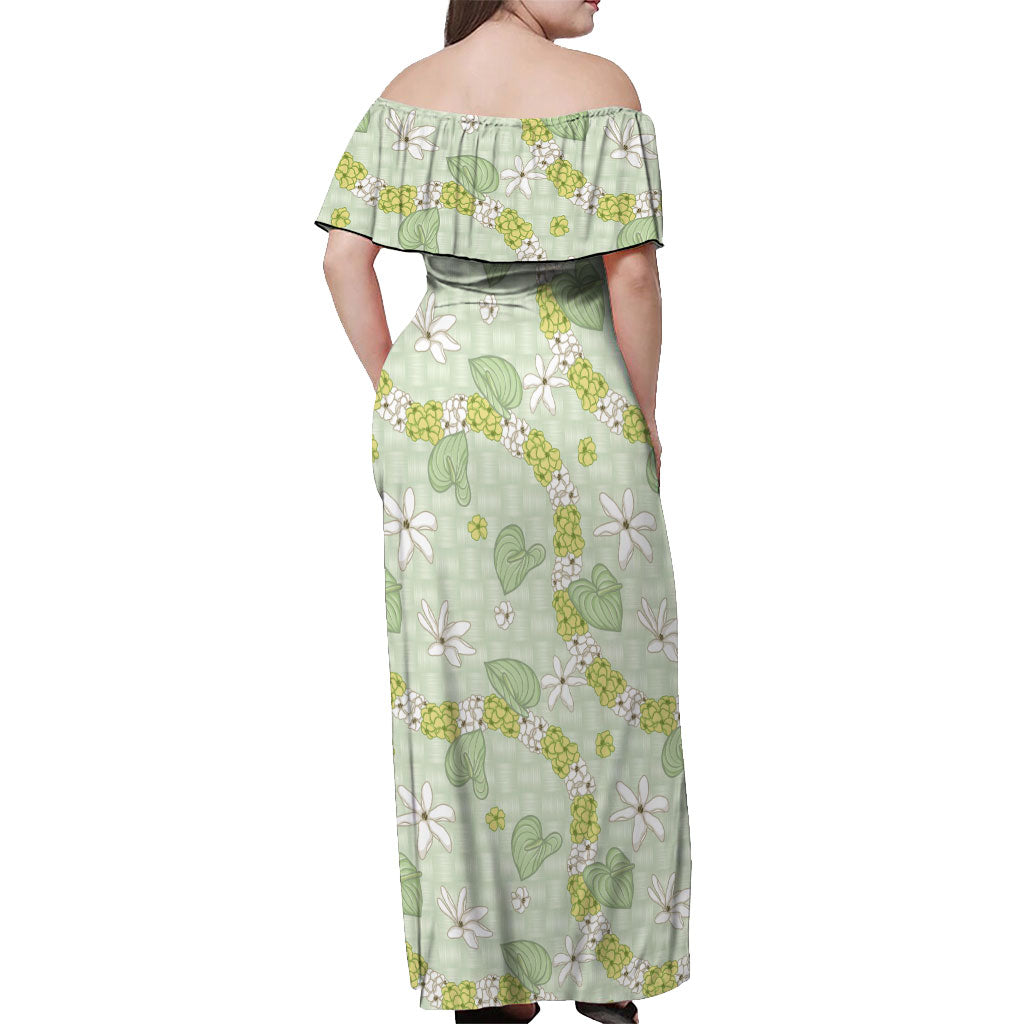 Hawaii Anthurium Tiare Pikake Lei Off Shoulder Maxi Dress Sage Green Lauhala Art Pattern LT01 - Polynesian Pride