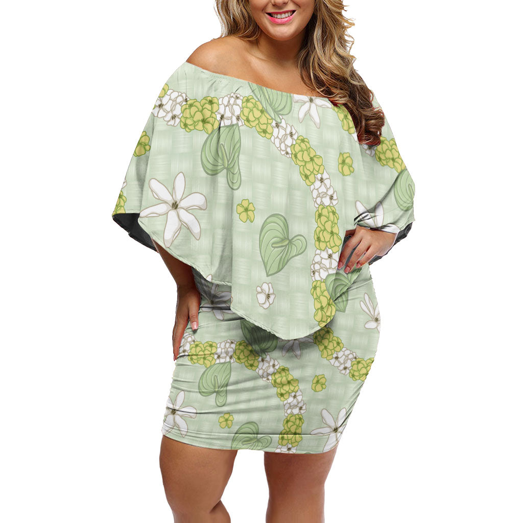 Hawaii Anthurium Tiare Pikake Lei Off Shoulder Short Dress Sage Green Lauhala Art Pattern LT01 Women Green - Polynesian Pride