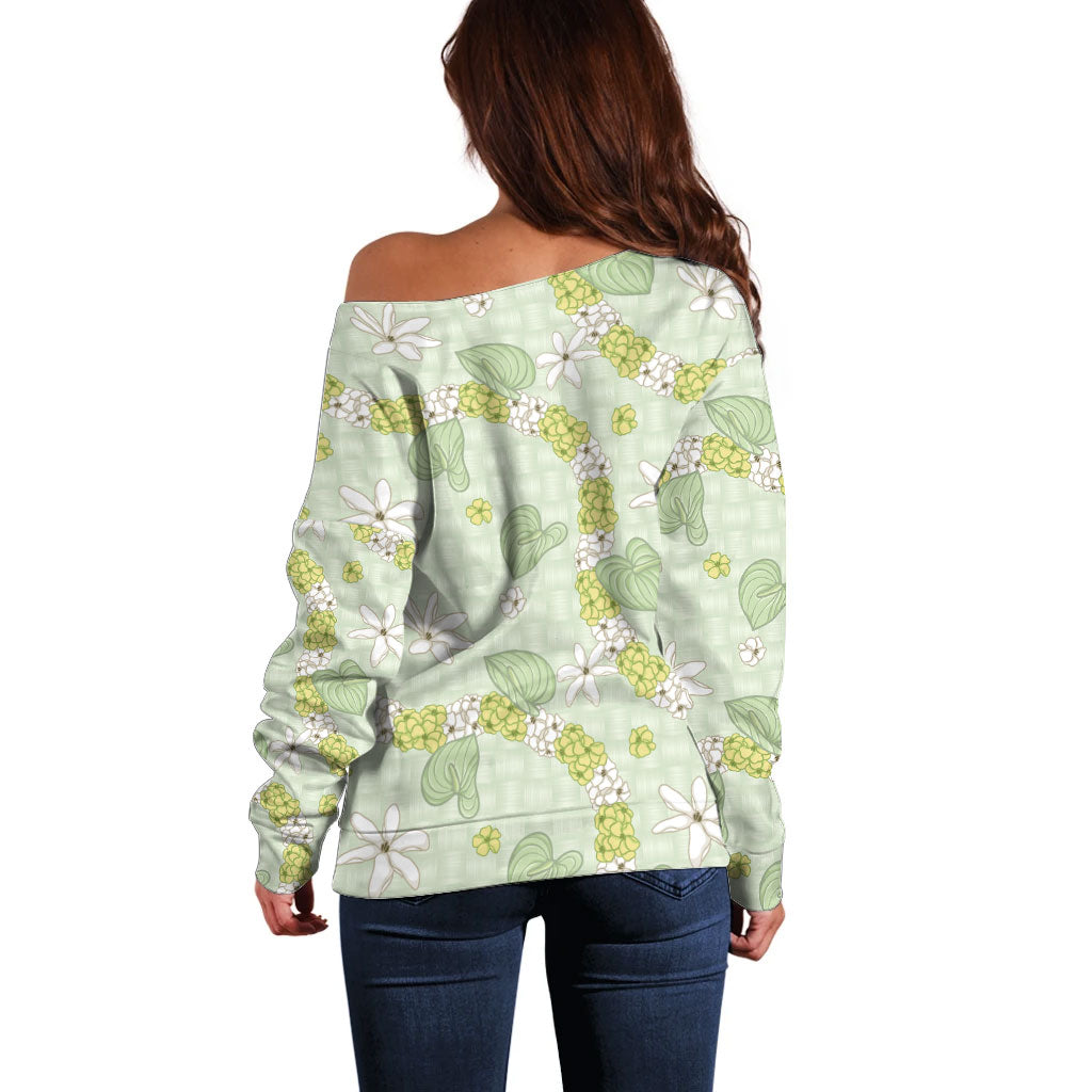 Hawaii Anthurium Tiare Pikake Lei Off Shoulder Sweater Sage Green Lauhala Art Pattern LT01 - Polynesian Pride