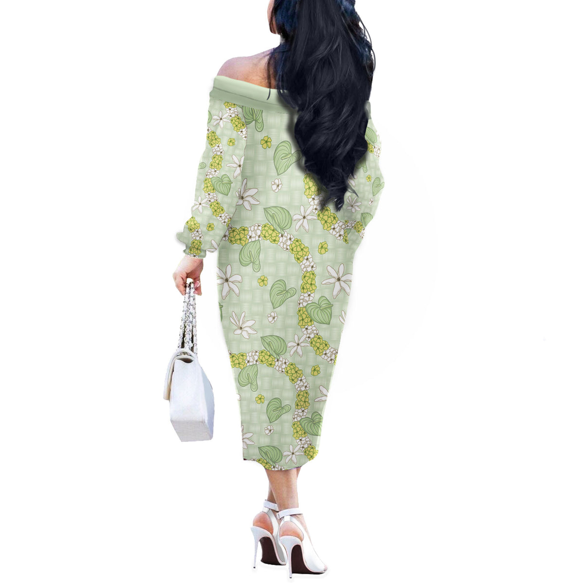Hawaii Anthurium Tiare Pikake Lei Off The Shoulder Long Sleeve Dress Sage Green Lauhala Art Pattern LT01 - Polynesian Pride