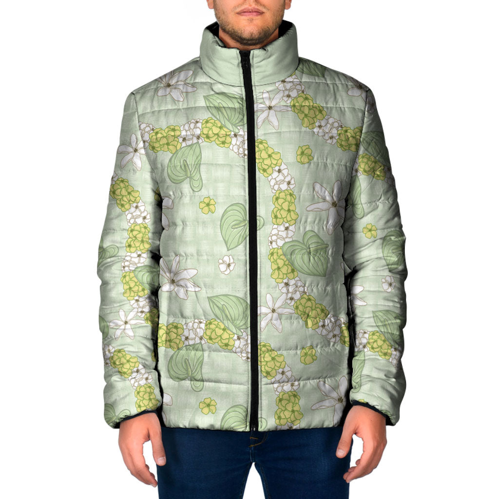 Hawaii Anthurium Tiare Pikake Lei Padded Jacket Sage Green Lauhala Art Pattern LT01 Men Green - Polynesian Pride