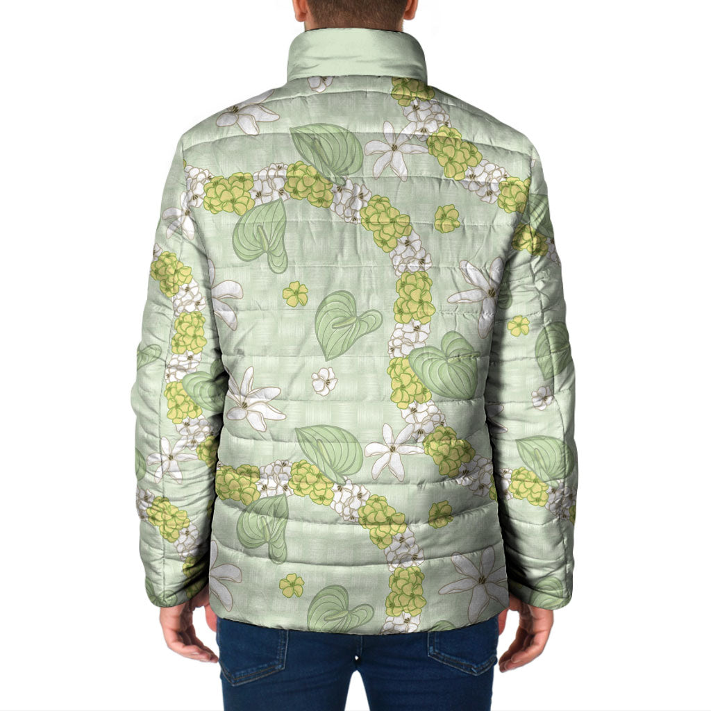 Hawaii Anthurium Tiare Pikake Lei Padded Jacket Sage Green Lauhala Art Pattern LT01 - Polynesian Pride