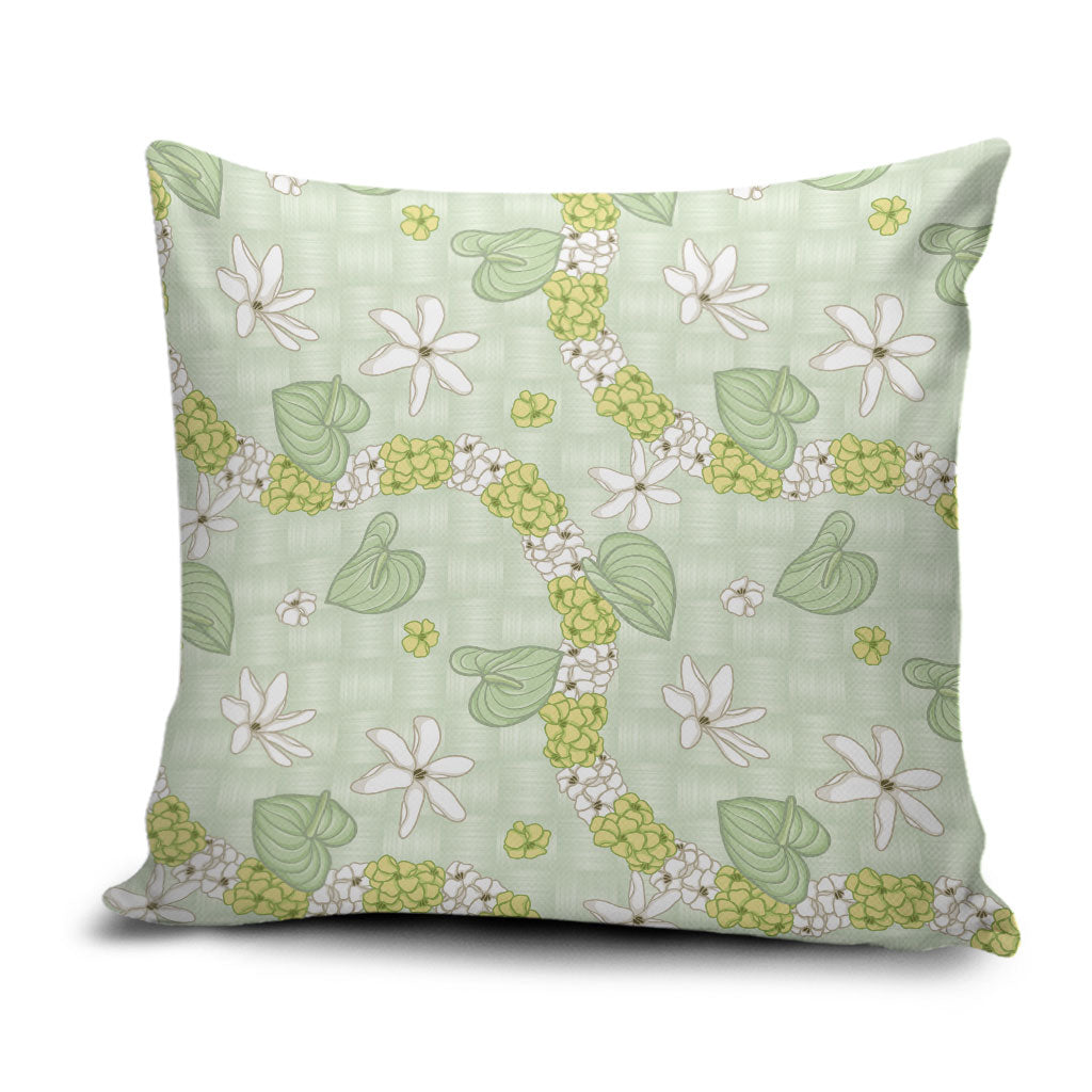 Hawaii Anthurium Tiare Pikake Lei Pillow Cover Sage Green Lauhala Art Pattern