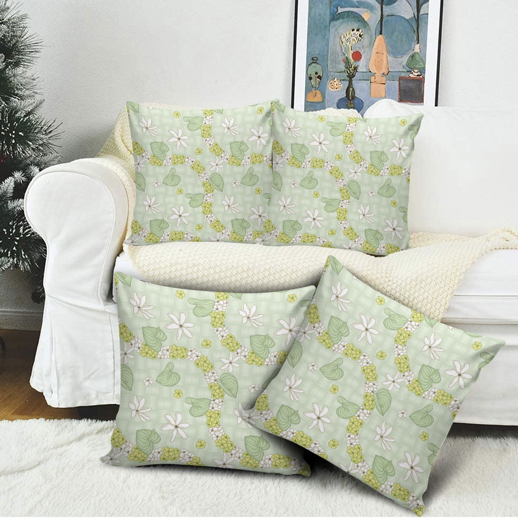 Hawaii Anthurium Tiare Pikake Lei Pillow Cover Sage Green Lauhala Art Pattern LT01 - Polynesian Pride