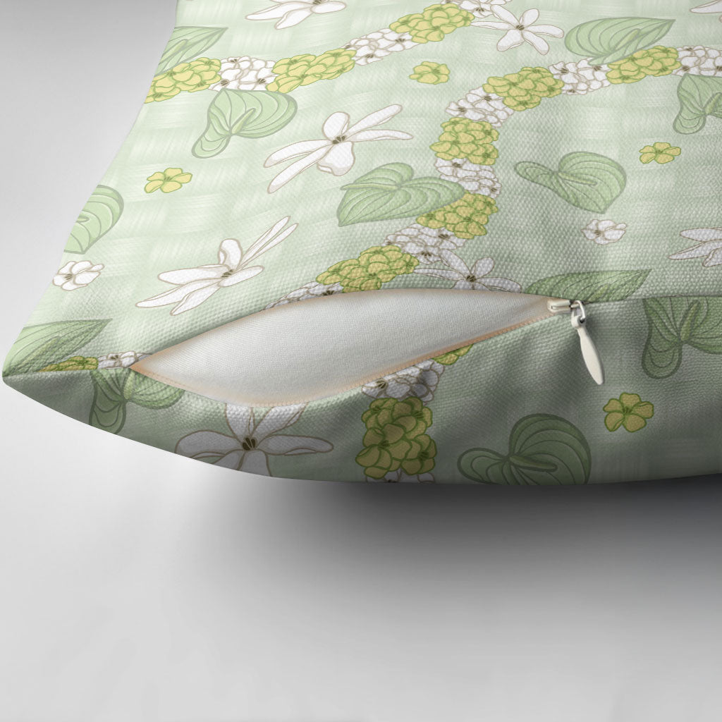Hawaii Anthurium Tiare Pikake Lei Pillow Cover Sage Green Lauhala Art Pattern LT01 - Polynesian Pride
