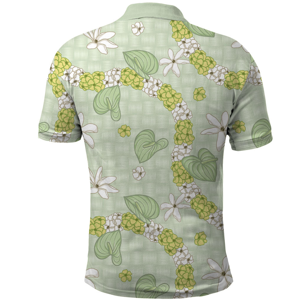 Hawaii Anthurium Tiare Pikake Lei Polo Shirt Sage Green Lauhala Art Pattern LT01 - Polynesian Pride