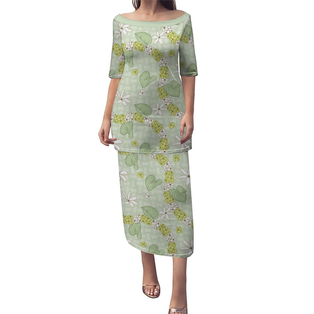 Hawaii Anthurium Tiare Pikake Lei Puletasi Sage Green Lauhala Art Pattern LT01 Long Dress Green - Polynesian Pride