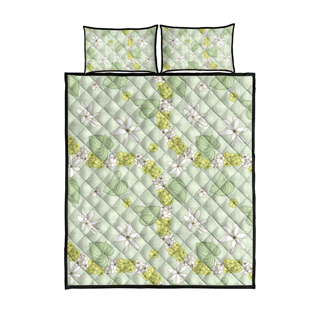 Hawaii Anthurium Tiare Pikake Lei Quilt Bed Set Sage Green Lauhala Art Pattern LT01 - Polynesian Pride