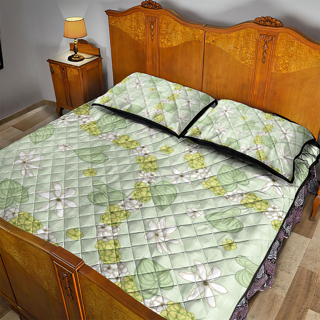 Hawaii Anthurium Tiare Pikake Lei Quilt Bed Set Sage Green Lauhala Art Pattern LT01 - Polynesian Pride