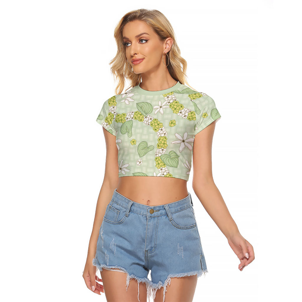 Hawaii Anthurium Tiare Pikake Lei Raglan Cropped T Shirt Sage Green Lauhala Art Pattern LT01 Female Green - Polynesian Pride