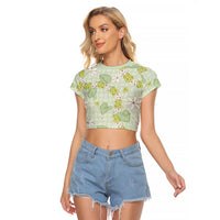 Hawaii Anthurium Tiare Pikake Lei Raglan Cropped T Shirt Sage Green Lauhala Art Pattern LT01 Female Green - Polynesian Pride