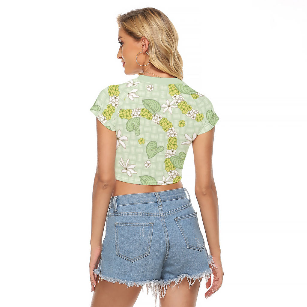 Hawaii Anthurium Tiare Pikake Lei Raglan Cropped T Shirt Sage Green Lauhala Art Pattern LT01 - Polynesian Pride