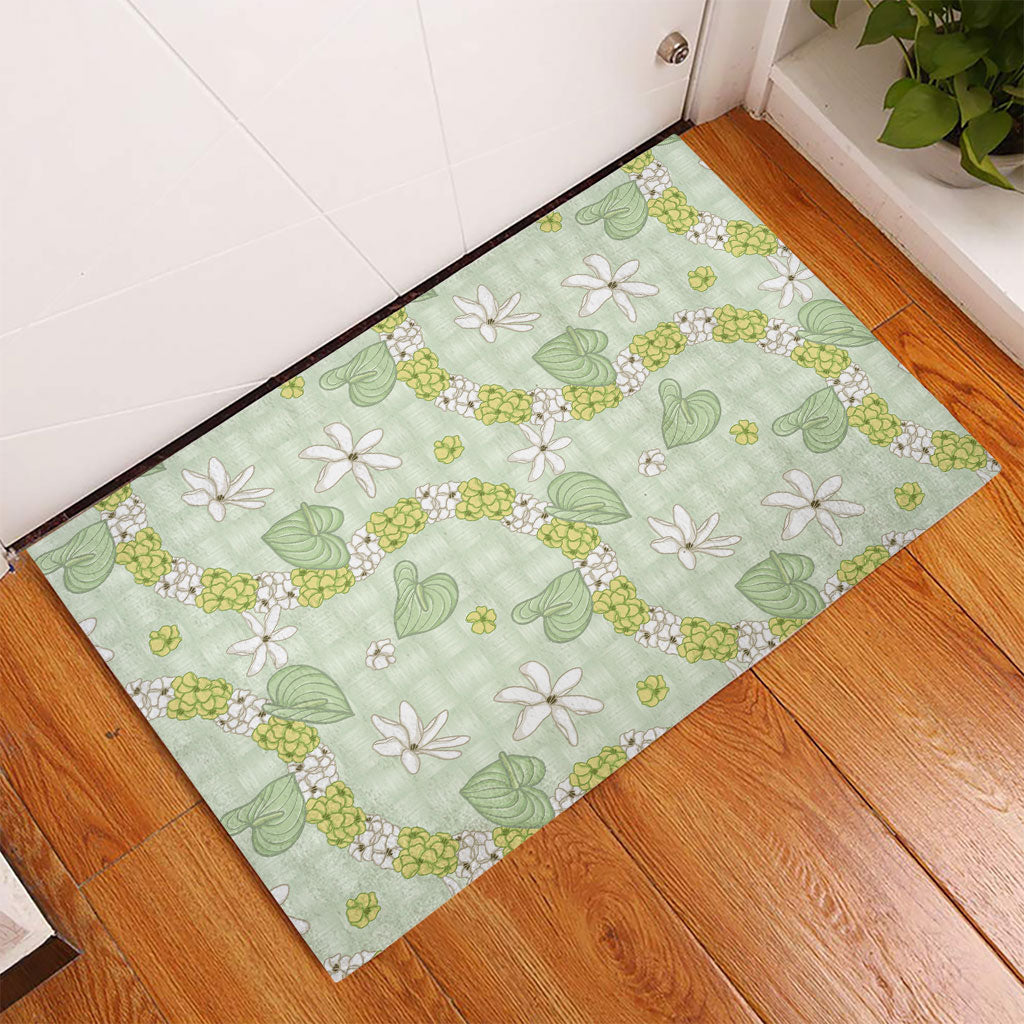 Hawaii Anthurium Tiare Pikake Lei Rubber Doormat Sage Green Lauhala Art Pattern LT01 - Polynesian Pride