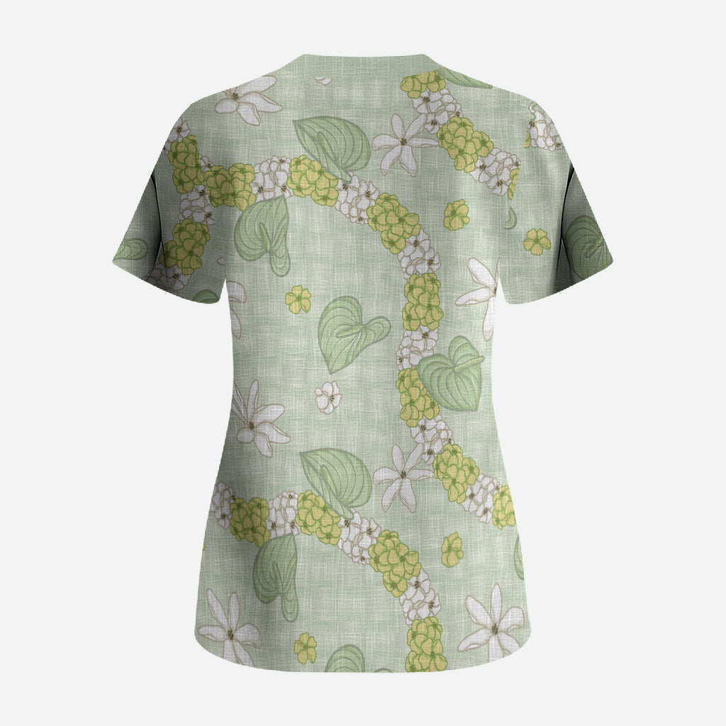Hawaii Anthurium Tiare Pikake Lei Scrub Top Sage Green Lauhala Art Pattern LT01 - Polynesian Pride