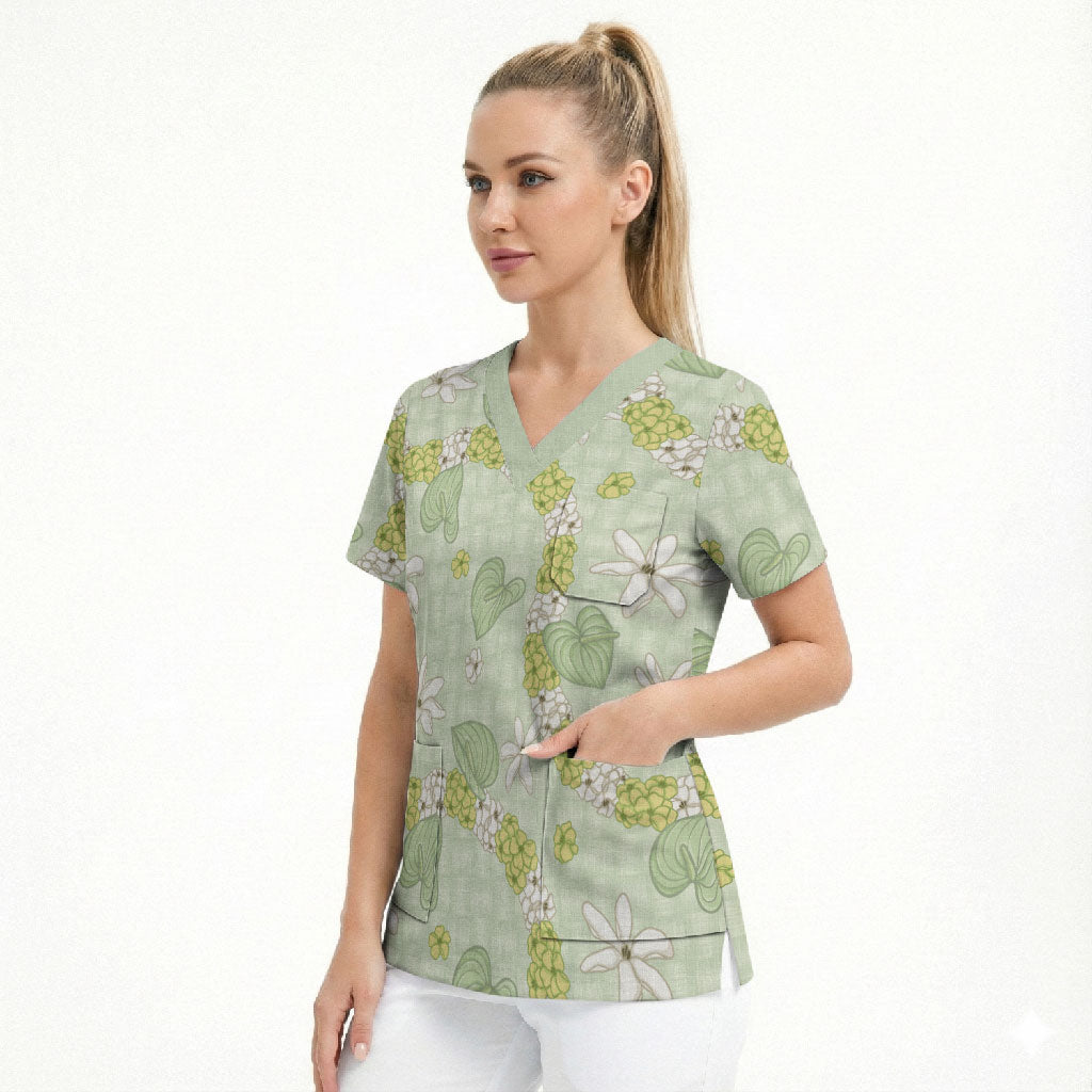 Hawaii Anthurium Tiare Pikake Lei Scrub Top Sage Green Lauhala Art Pattern LT01 - Polynesian Pride