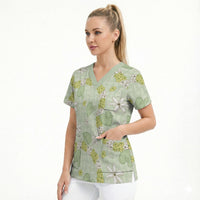 Hawaii Anthurium Tiare Pikake Lei Scrub Top Sage Green Lauhala Art Pattern LT01 - Polynesian Pride