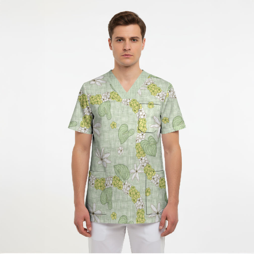 Hawaii Anthurium Tiare Pikake Lei Scrub Top Sage Green Lauhala Art Pattern LT01 - Polynesian Pride