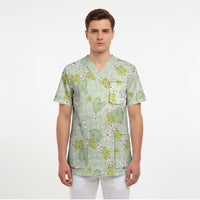 Hawaii Anthurium Tiare Pikake Lei Scrub Top Sage Green Lauhala Art Pattern LT01 - Polynesian Pride