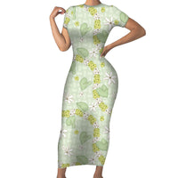 Hawaii Anthurium Tiare Pikake Lei Short Sleeve Bodycon Dress Sage Green Lauhala Art Pattern LT01 Long Dress Green - Polynesian Pride