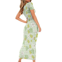 Hawaii Anthurium Tiare Pikake Lei Short Sleeve Bodycon Dress Sage Green Lauhala Art Pattern LT01 - Polynesian Pride
