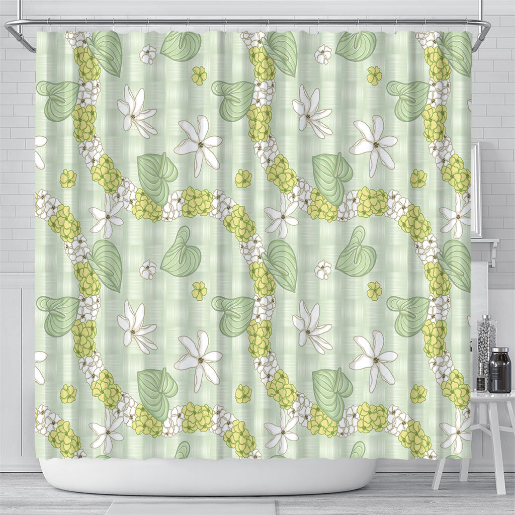 Hawaii Anthurium Tiare Pikake Lei Shower Curtain Sage Green Lauhala Art Pattern LT01 - Polynesian Pride