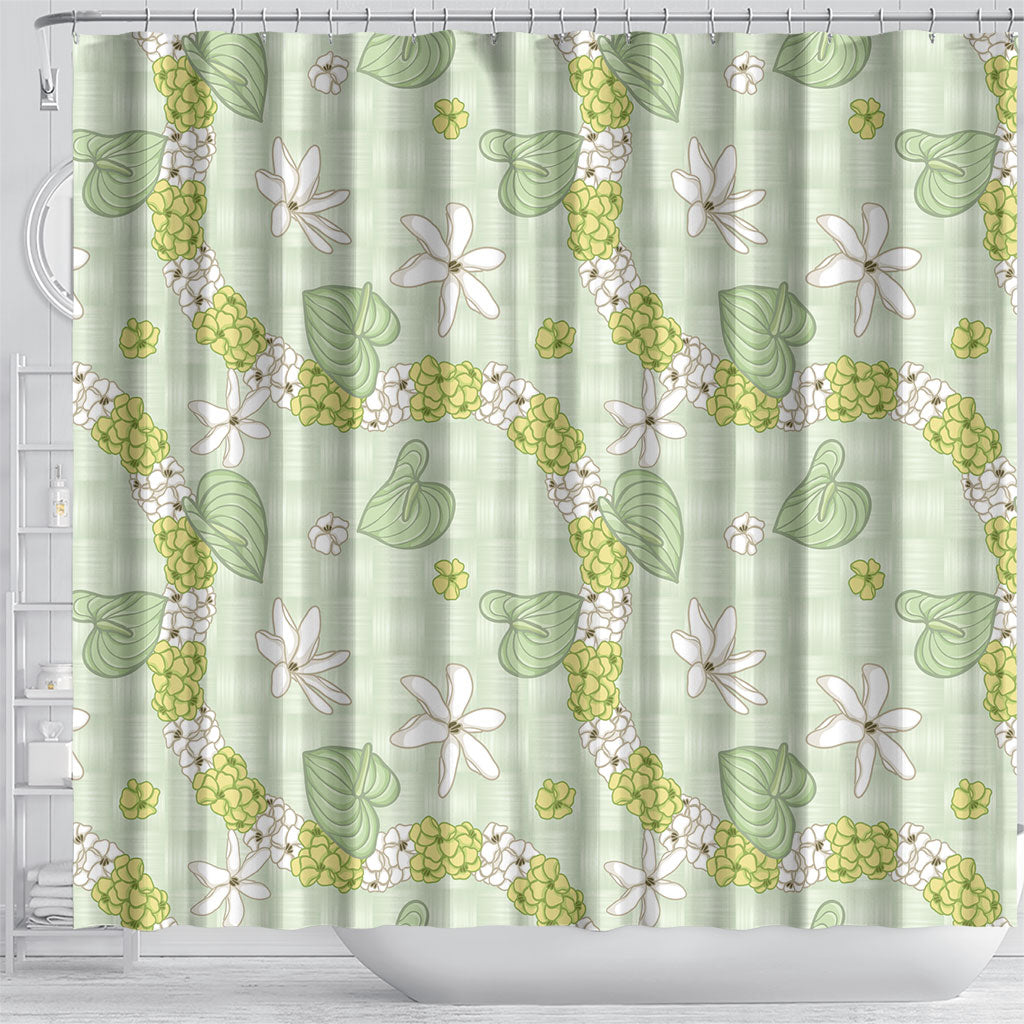 Hawaii Anthurium Tiare Pikake Lei Shower Curtain Sage Green Lauhala Art Pattern LT01 - Polynesian Pride