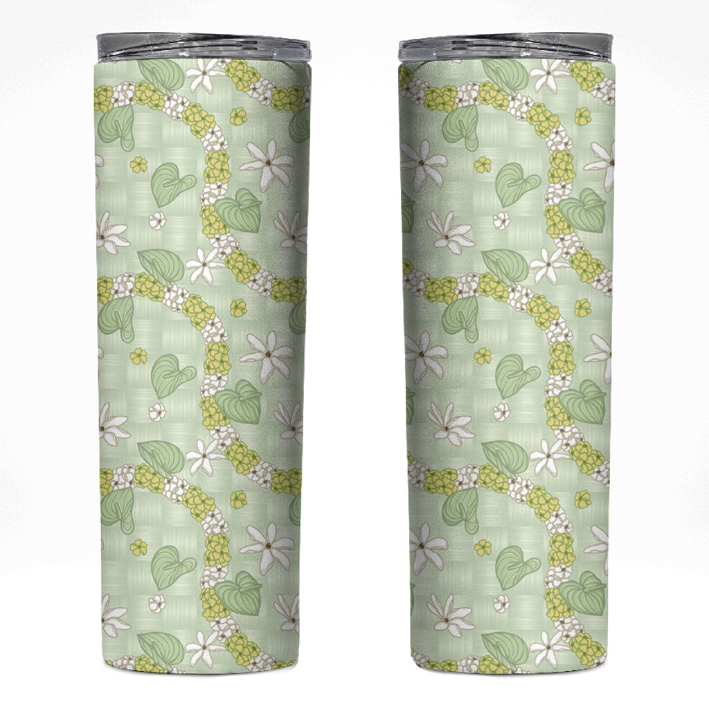 Hawaii Anthurium Tiare Pikake Lei Skinny Tumbler Sage Green Lauhala Art Pattern LT01 Green - Polynesian Pride