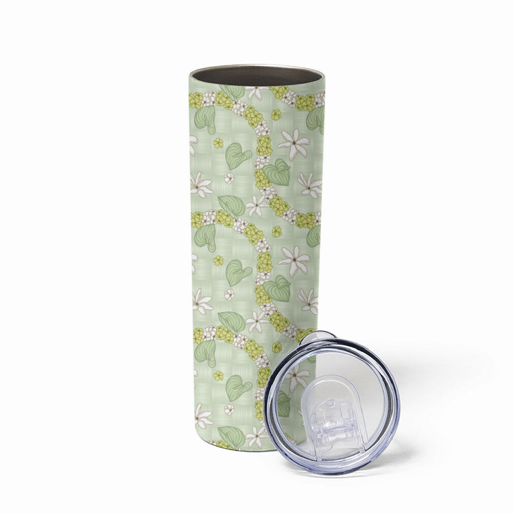 Hawaii Anthurium Tiare Pikake Lei Skinny Tumbler Sage Green Lauhala Art Pattern LT01 - Polynesian Pride