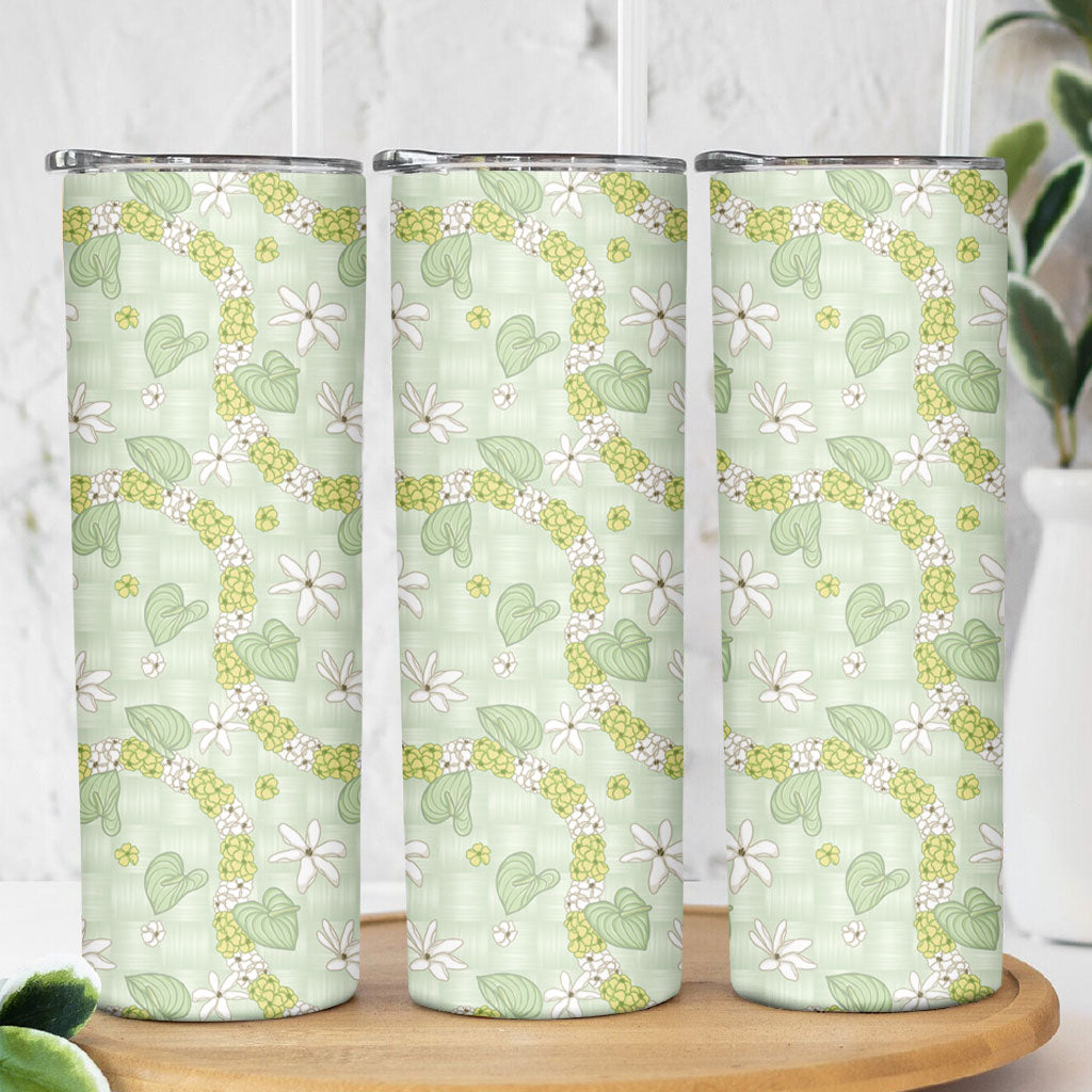 Hawaii Anthurium Tiare Pikake Lei Skinny Tumbler Sage Green Lauhala Art Pattern LT01 - Polynesian Pride