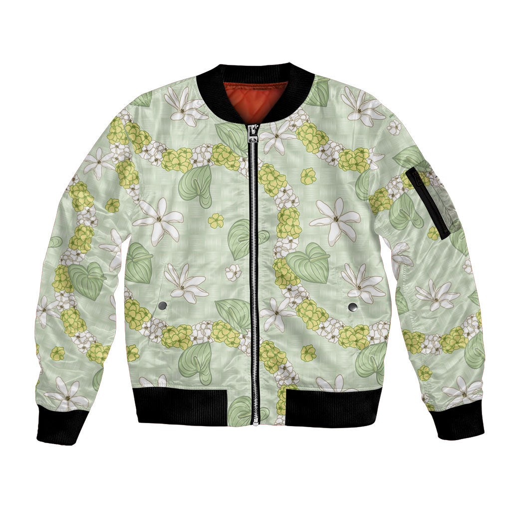 Hawaii Anthurium Tiare Pikake Lei Sleeve Zip Bomber Jacket Sage Green Lauhala Art Pattern