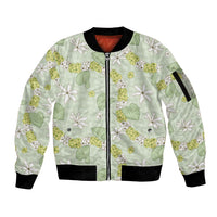 Hawaii Anthurium Tiare Pikake Lei Sleeve Zip Bomber Jacket Sage Green Lauhala Art Pattern LT01 Unisex Green - Polynesian Pride