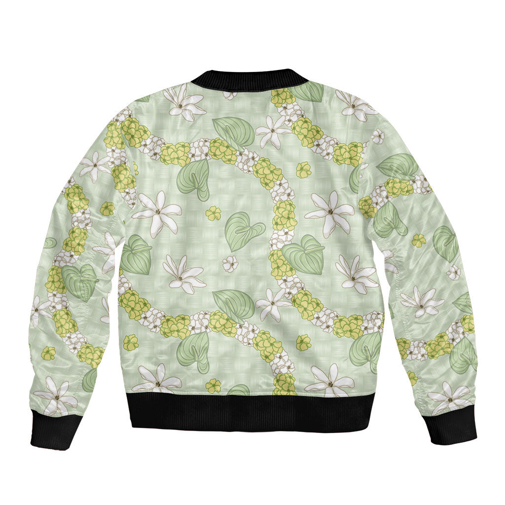 Hawaii Anthurium Tiare Pikake Lei Sleeve Zip Bomber Jacket Sage Green Lauhala Art Pattern LT01 - Polynesian Pride