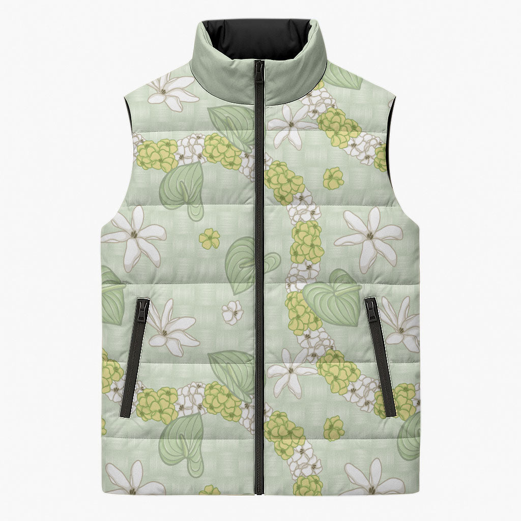 Hawaii Anthurium Tiare Pikake Lei Sleeveless Puffer Jacket Sage Green Lauhala Art Pattern